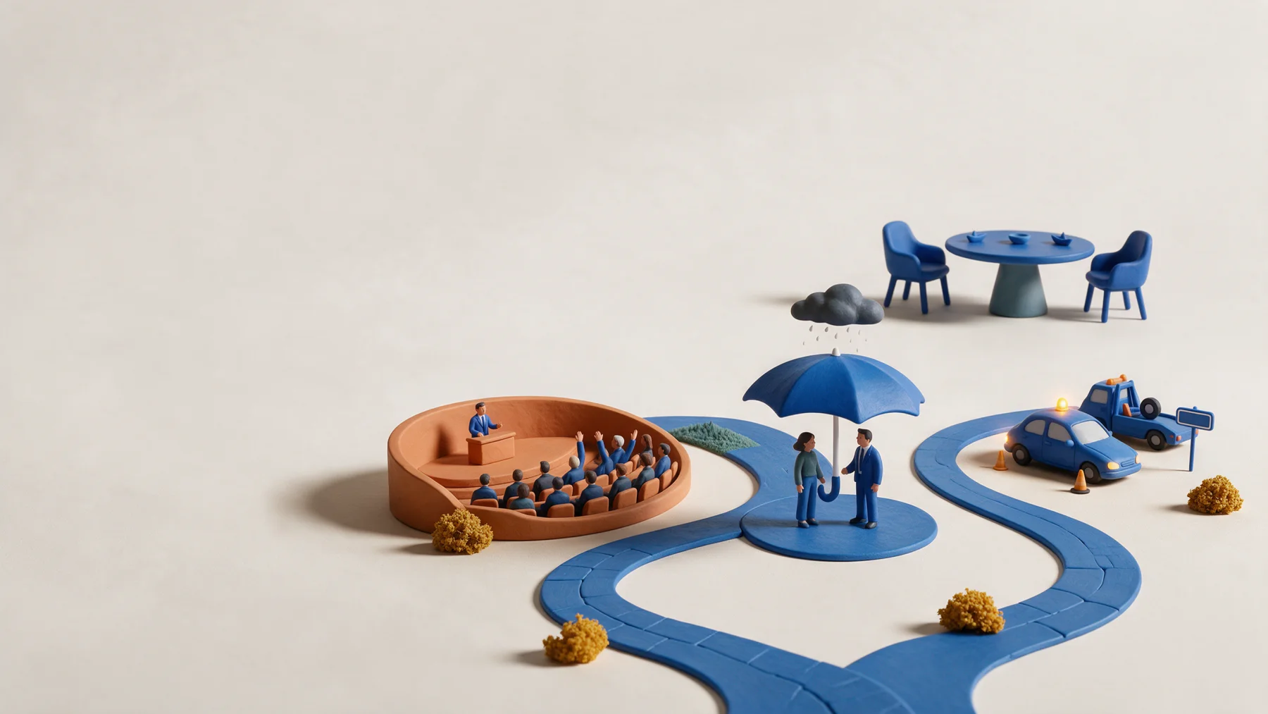Eine gemeinsame Miniaturwelt mit Saal, Regenschirm und Pannendienst, verbunden durch blaue Wege.